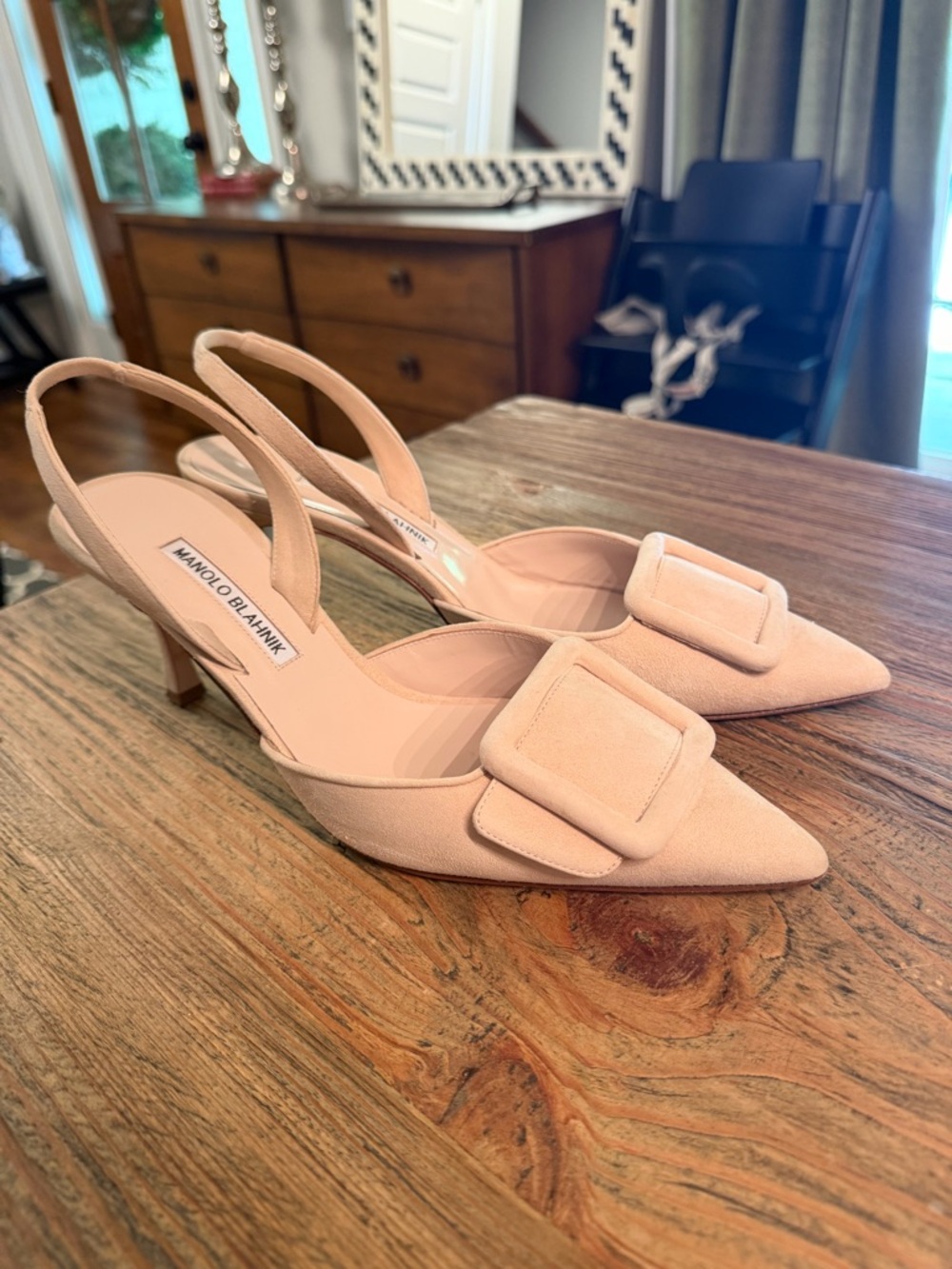 Manolo Blahnik Nude Suede Slingback Pointed Toe Slingback Pumps